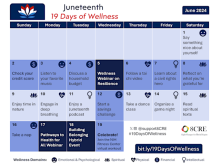 Calendar of wellness activities. Graphic of a red, white, and blue lotus flower. Logo for 8CRE, pronounced acre. Registration link for the 19 Days of Wellness.